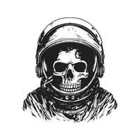 astronaut helmet with skull, vintage logo concept black and white color, hand drawn illustration vector