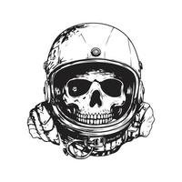 astronaut helmet with skull, vintage logo concept black and white color, hand drawn illustration vector