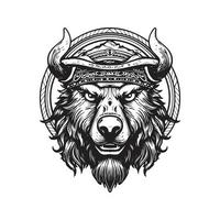 bear wearing viking helmet, vintage logo concept black and white color, hand drawn illustration vector