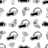 VR gadgets seamless vector pattern. Glasses of virtual and augmented reality. Joystick, motion controller, headset. Modern technology, device for games, 3D. Background for packaging, wallpaper, web