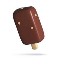 3d chococlate ice cream with nuts on wooden stick. Cute minimal three dimentional popsicle icon. Realistic vector illustration on white background. Summer sweet dessert concept.