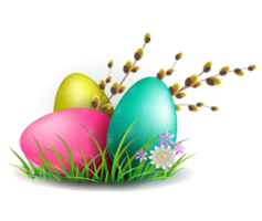 Easter eggs with green grass and a willow branch, element for design png