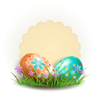 Design element with Easter eggs and grass, flowers and round frame. png