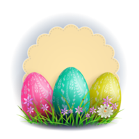 Illustration with a round curly frame and a set of Easter eggs. png