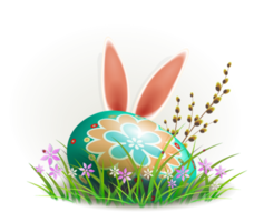 Easter egg with rabbit ears, green grass with flowers and willow branch. Element for design. png