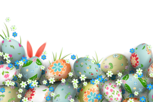 Pascua de Resurrección composición con huevos con un hermosa patrón, flores y Conejo orejas y un sauce rama. png