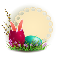 Easter eggs with rabbit ears, a willow branch, green grass with flowers and a round frame. Element for design. png