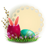 Easter eggs with rabbit ears, a willow branch, green grass with flowers and a round frame. Element for design. png