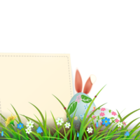 Easter composition with square frame, eggs and rabbit ears, spring flowers and grass. png