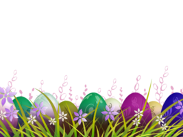 Pâques composition, multicolore des œufs sont tiré dans le herbe avec fleurs. png
