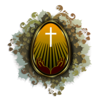 Easter egg with hands and a cross in a gold frame with a green wreath of leaves. png