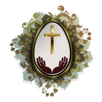 Easter egg with hands and a cross in a gold frame with a green wreath of leaves png