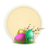 Composition of light color with a round frame and a set of Easter eggs and a willow branch, a postcard. png