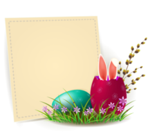 un' piazza beige telaio con Pasqua uova, un' salice ramo, coniglio orecchie e testo. design elemento. png