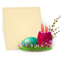 A square beige frame with Easter eggs, a willow branch, rabbit ears and text. Design element. png