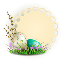 Easter composition with eggs, a round figured frame, a grass and flowers, a design element. png