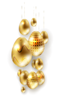 Easter yellow composition with shiny golden and white eggs with a pattern on the pendants. png