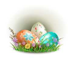 Pascua de Resurrección composición de verde color con un silueta de un junta, Pascua de Resurrección huevos, césped con, flores, sauce rama, mariposas y Conejo orejas. png
