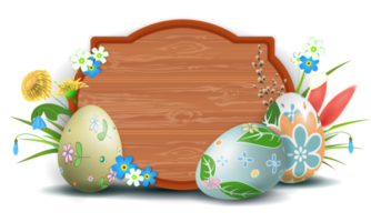 Easter composition with eggs and rabbit ears, spring flowers with willow twig and grass. png