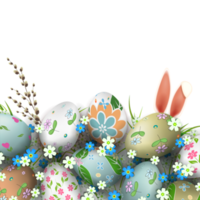 composición con maravilloso Pascua de Resurrección huevos, conejito orejas y sauce ramita. png
