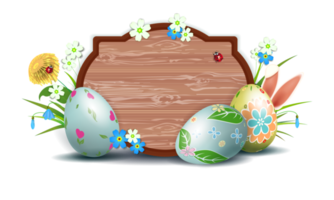 Easter illustration with a curly frame, eggs with a pattern, grass with flowers. png