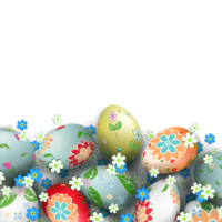 blauw kaart met een abstract ronde wit kader, Pasen eieren en bloemen. png