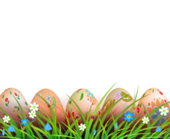 Easter composition, patterned eggs are drawn in the grass with flowers. png