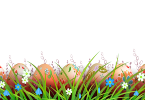 Easter light composition, multi-colored eggs in the grass with flowers. png