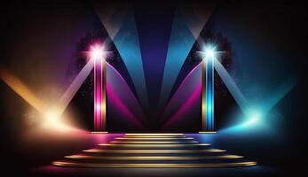 Blue Pink Red Golden Stage Spotlights Awards Graphics Background Celebration. photo