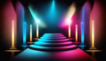 Blue Pink Red Golden Stage Spotlights Awards Graphics Background Celebration. photo