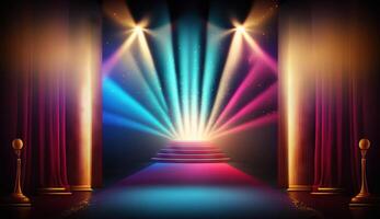 Blue Pink Red Golden Stage Spotlights Awards Graphics Background Celebration. photo