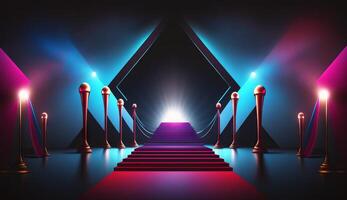 Blue Pink Red Golden Stage Spotlights Awards Graphics Background Celebration. photo