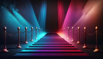 Blue Pink Red Golden Stage Spotlights Awards Graphics Background Celebration. photo