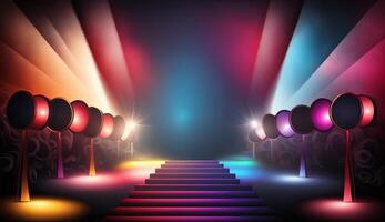 Blue Pink Red Golden Stage Spotlights Awards Graphics Background Celebration. photo