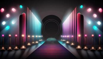 Blue Pink Red Golden Stage Spotlights Awards Graphics Background Celebration. photo