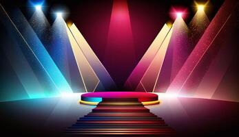 Blue Pink Red Golden Stage Spotlights Awards Graphics Background Celebration. photo