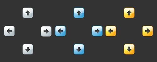 Game design interface with glossy buttons and panels, arrows vector