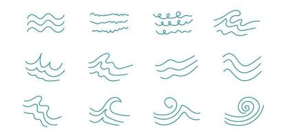 Vector line icon set with simple doodle wave. Hand drawn ocean waves vector set.