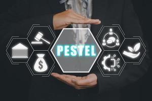 PESTEL analysis concept, political, economic, socio-cultural, technological, environmental and legal, Person hand holding PESTEL icon on virtual screen. photo