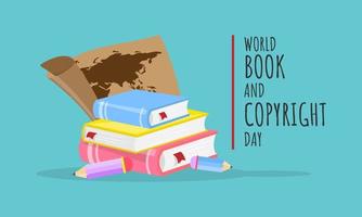 World Book and Copyright Day greeting with stack of books, pencils, and a map vector