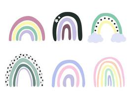 Set of cartoon cute rainbows in boho flat style. Vector illustration