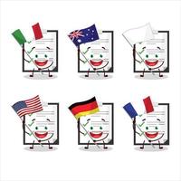 portapapeles con Lista de Verificación dibujos animados personaje traer el banderas de varios países vector