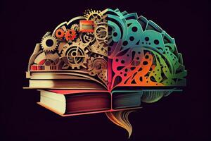 libro y cerebro - moderno idea y concepto ilustración negocio. idea concepto con un abierto libro, cerebro, y libro en un verde fondo.generativo ai foto