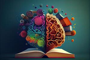 Book and Brain - modern Idea and Concept illustration Business. Idea concept with an open book, brain, and book on a green background.Generative Ai photo