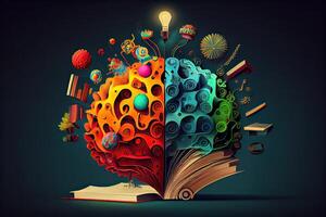 Book and Brain - modern Idea and Concept illustration Business. Idea concept with an open book, brain, and book on a green background.Generative Ai photo