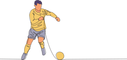 One single line drawing of young football player with long sleeve shirt dribbling the ball at training session. Soccer match sports concept. Continuous line draw design vector illustration png