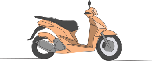 enda kontinuerlig linje teckning av klassisk asiatisk underbenet motorcykel logotyp. årgång skoter motorcykel begrepp. ett linje dra design vektor illustration png