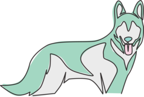 enda kontinuerlig linjeteckning av enkla söta siberian husky hundvalp ikon. sällskapsdjur logotyp emblem vektor koncept. dynamisk en rad rita design grafisk illustration png