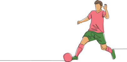 One single line drawing of young energetic football player win the ball and dribbling it to the opponent's area. Soccer match sports concept. Continuous line draw design vector illustration png