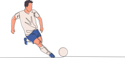 einer Single Linie Zeichnung von jung energisch Fußball Spieler Dribbling das Ball und bereit zu Schuss zu das Ziel. Fußball Spiel Sport Konzept. kontinuierlich Linie zeichnen Design Vektor Illustration png